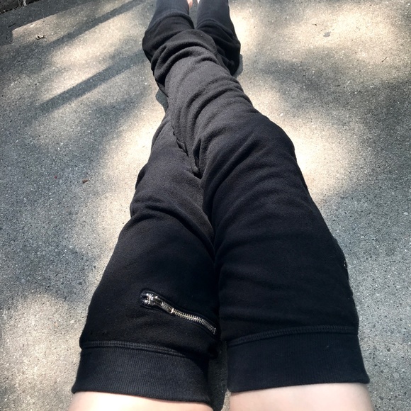 Upcycled Leg Warmers Black Thigh Highs Studded Knee Socks Sweatshirt Zipper Y2k - Picture 13 of 14